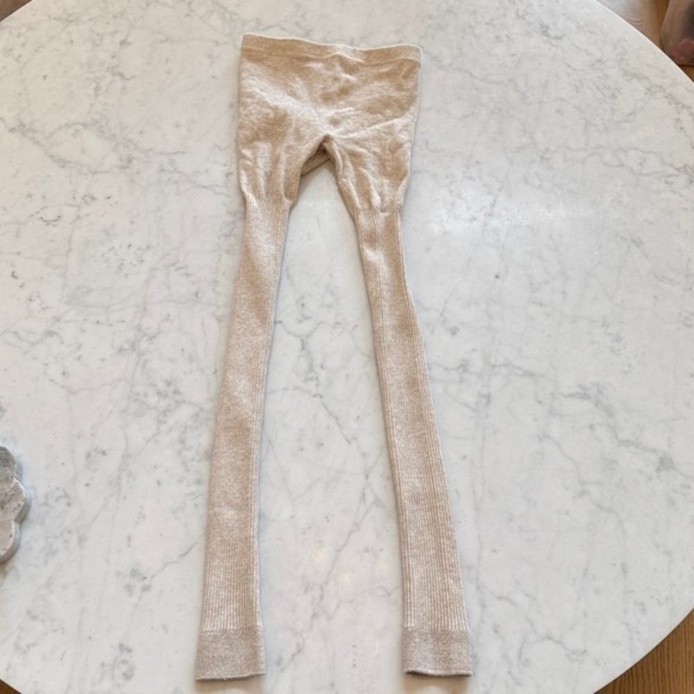 Mini Boden Girls Ribbed Footless Tights Oatmeal Gold Trim Size 11-12